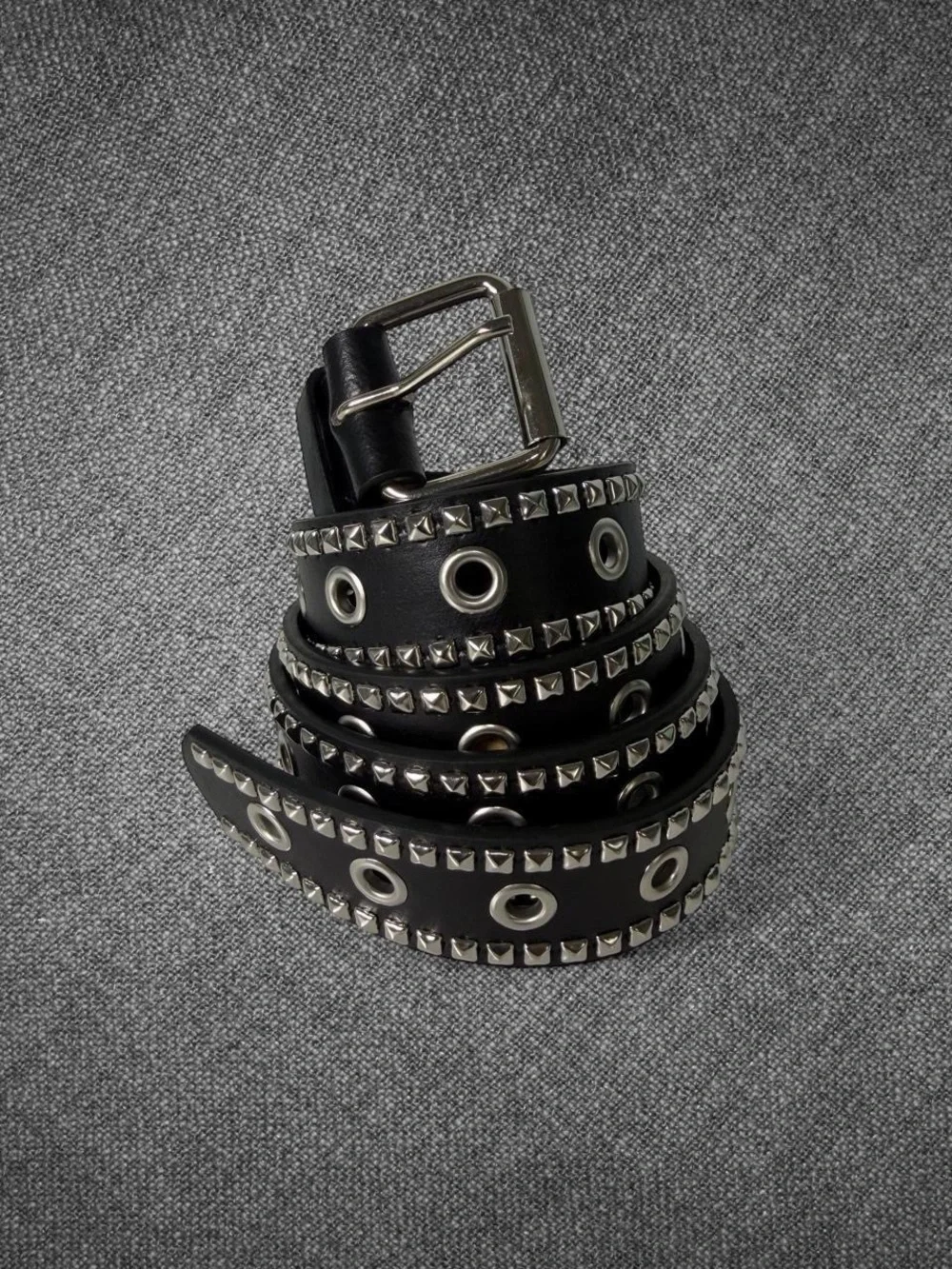 Black Faux Leather Wide Grommet Belt Silver Studded Punk Y2K 44 Inch